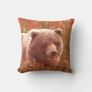Coussin Grizzly Bear Cub dans Fireweed Peinture Art de la 