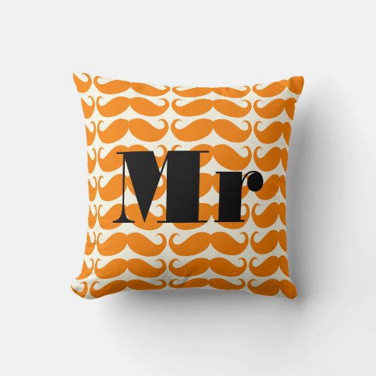 Coussin Groom Orange et ivoire M. Mustache Patten (Recto)