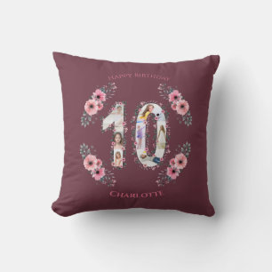 Coussin Gros 10e anniversaire fille photo Collage Fleur ro