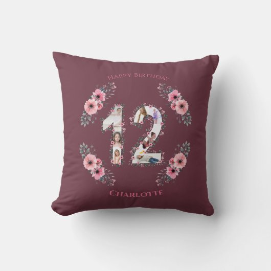 Coussin Gros 12e anniversaire fille rose Fleur Collage pho (Recto)
