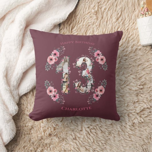 Coussin Gros 13e anniversaire fille rose Fleur Collage pho (Couverture)