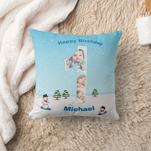 Coussin Gros 1er anniversaire hiver glace neige Collage ph (Couverture)