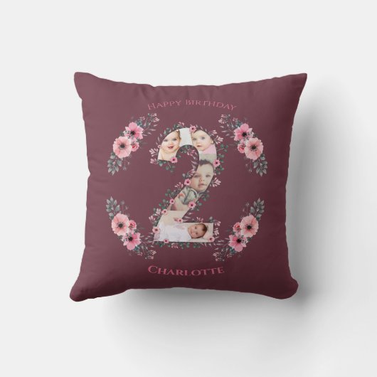 Coussin Gros 2e anniversaire fille photo Collage Fleur ros (Verso)