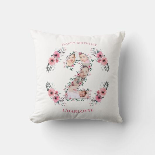 Coussin Gros 2e anniversaire fille photo Collage Fleur ros (Recto)