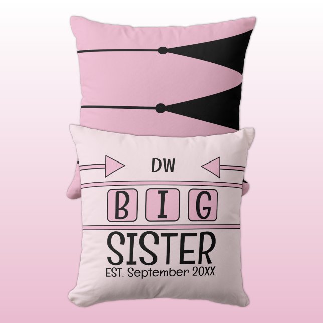 Coussin Grosse soeur initiales est. mois année rose (Créateur téléchargé)
