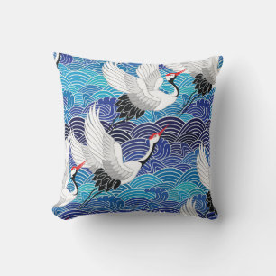 Coussin Grue japonaise : Motif orné d'oiseaux.