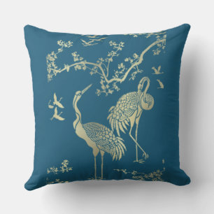 Coussin Grues d'or Art, arrière - plan bleu