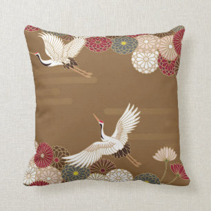 Coussin Grues et chrysanthèmes japonais traditionnel pat