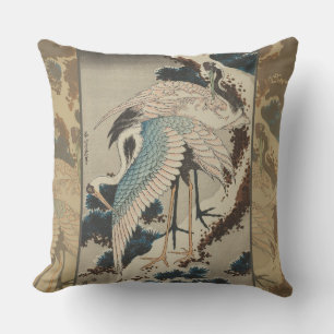 Coussin Grues sur un pin couvert de neige Hokusai