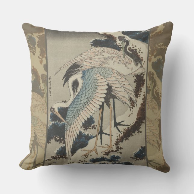 Coussin Grues sur un pin couvert de neige Hokusai (Recto)