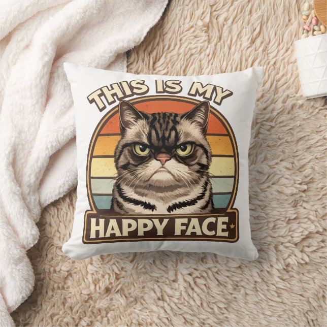 Coussin Grumpy Cat "C'est Mon Visage Heureux" Drôle Rétro (Couverture)
