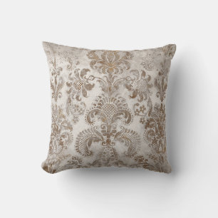 Coussin Grunge Damassé Beige Rouille Brun Ocre Crème