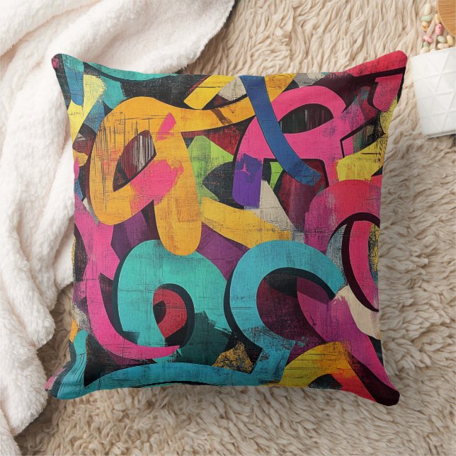 Coussin Grunge Graffiti Abstrait en Rose Jaune Bleu (Couverture)