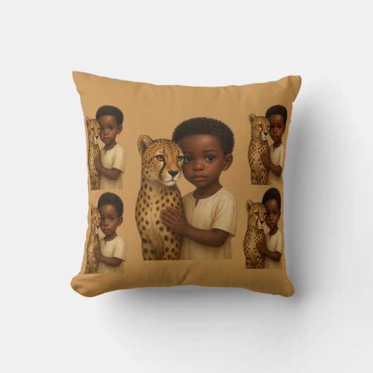 Coussin Guépard et garçon : lien du sauvage et de l'innoce (Recto)