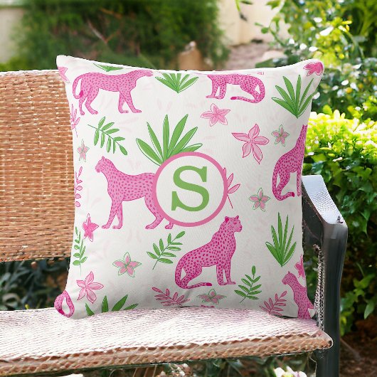 Coussin Guépard Floral Monogramme Rose Prépa