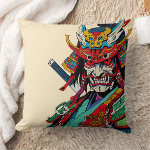 Coussin Guerrier Samouraï Féroce – Bushido Japonais Coloré
