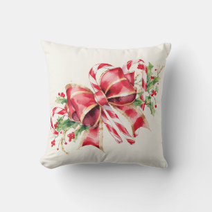 Coussin Guirlande de houx à l'aquarelle avec cannes à sucr