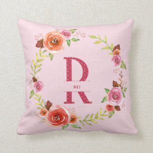Coussin Guirlande florale chic d'aquarelle rose, rouge et