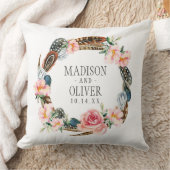 Coussin Guirlande florale d'aquarelle avec des plumes | (Couverture)