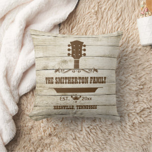Coussin Guitare Country Music Rustic Wood Nom de famille