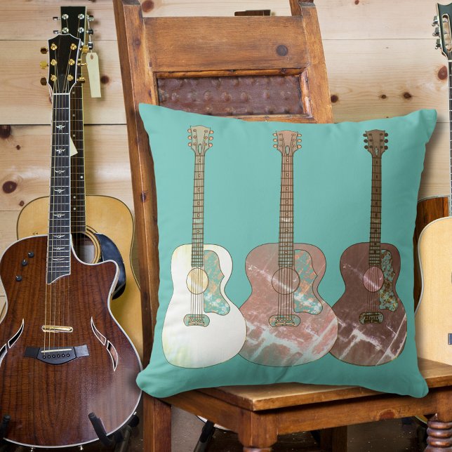 Coussin Guitares acoustiques classiques Instrument rustiqu (Acoustic guitar pattern rustic vintage brown and teal pillow)