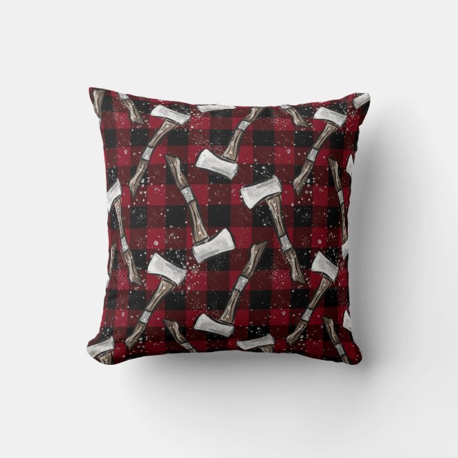 Coussin Haches de bûcheron rustiques sur carreaux de buffl (Recto)