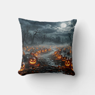 Coussin Halloween avec des arbres effrayants et des citrou