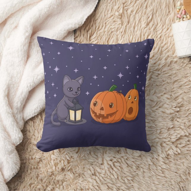 Coussin Halloween Black Cat Pumpkins Lantern Purple (Couverture)