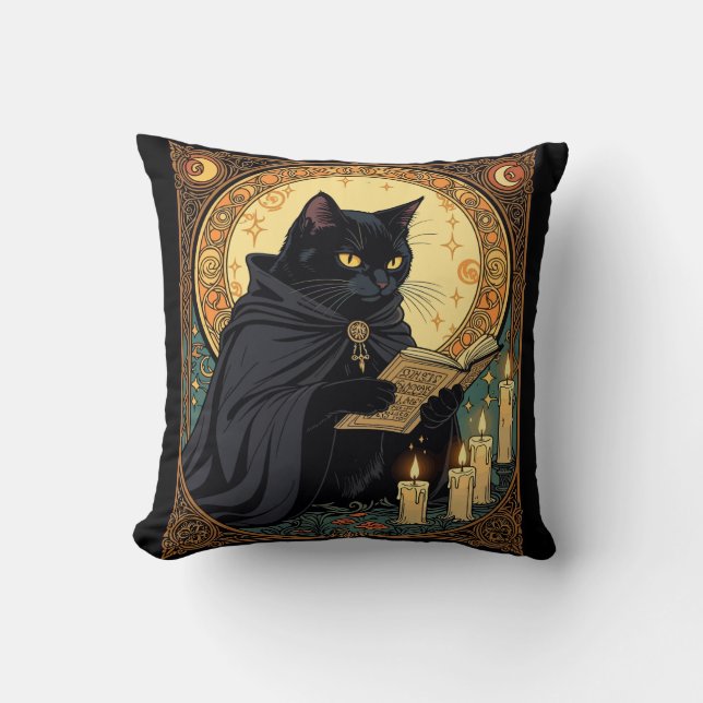 Coussin Halloween Black Cat Reading A Book (Recto)