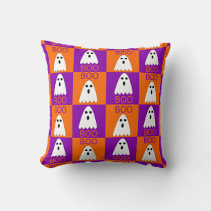 Coussin Halloween Boo Ghost Purple et Carrés orange