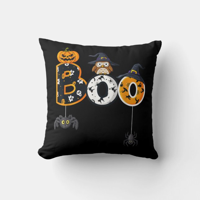 Coussin Halloween Boo Owl avec sorcière Casquette araignée (Recto)