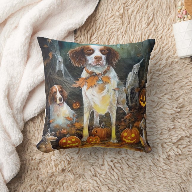 Coussin Halloween Brittany Spaniel avec citrouilles effray (Couverture)