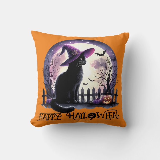 Coussin Halloween Chat Noir sorcière et chauves-souris (Recto)