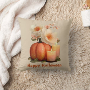 Coussin Halloween Citrouille et Fleurs élégant