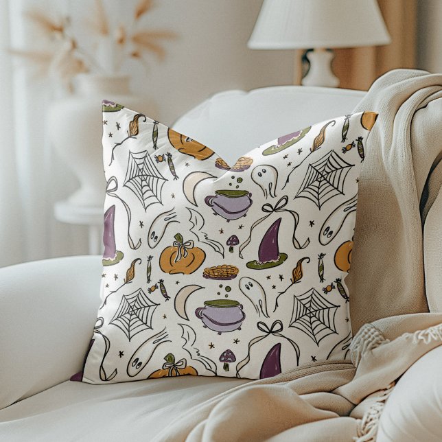 Coussin Halloween Cottagecore Motif illustré (Cottagecore Halloween Illustrated Pattern Throw Pillow)
