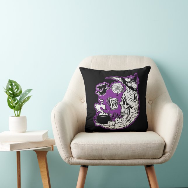 Coussin Halloween Croissant Lune crâne de sorcière (Chaise)