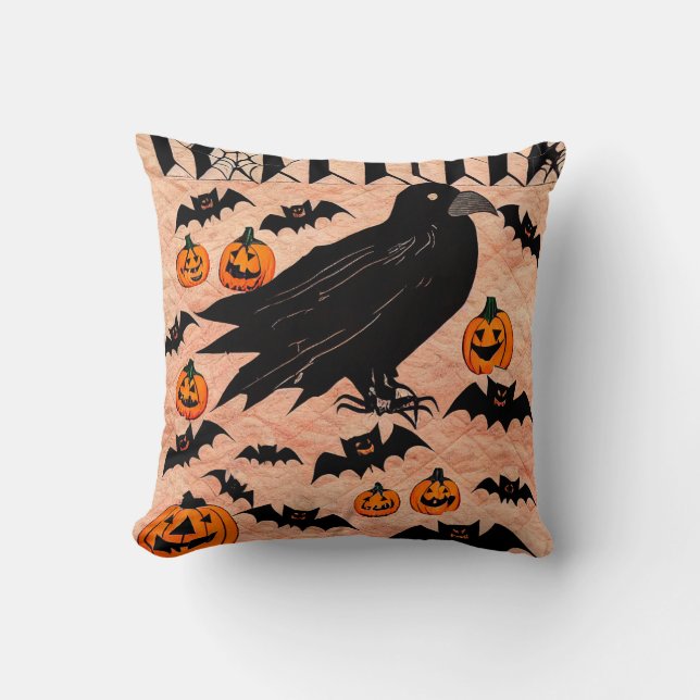 Coussin Halloween Crow Citrouilles et chauves-souris par k (Recto)