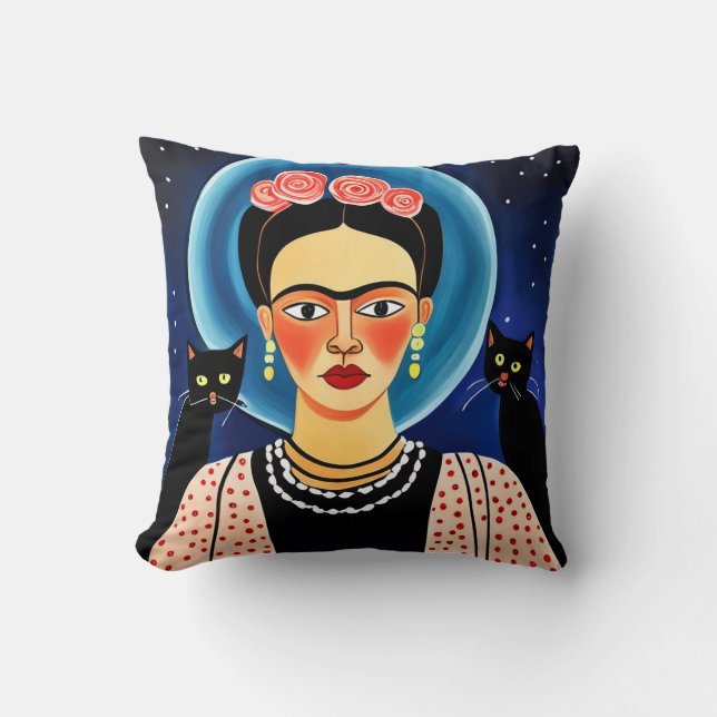 Coussin Halloween Frida et Chats noirs (Recto)