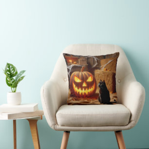 Coussin Halloween Jack-o-lanterne et chat en grange