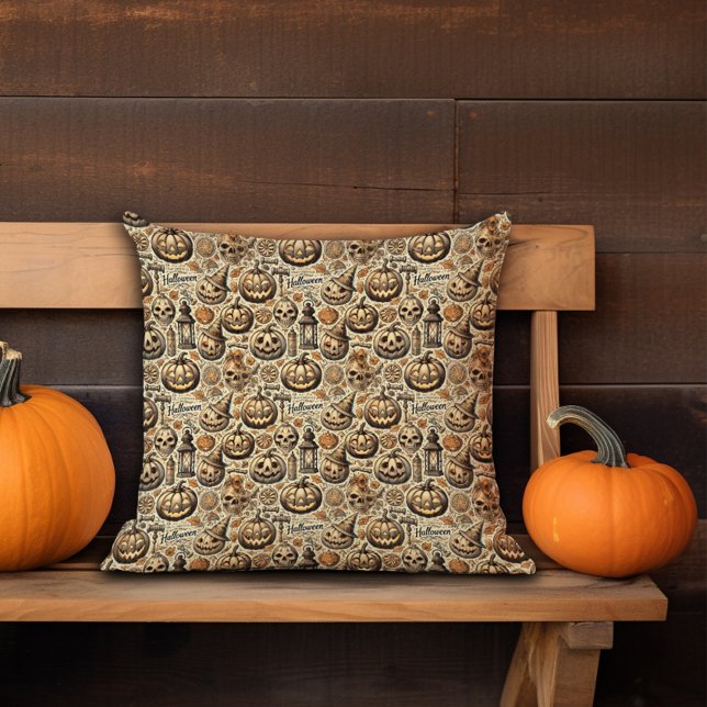 Coussin Halloween Jack o'lantern orange gris élégant (Créateur téléchargé)