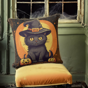 Coussin Halloween Maison hantée Chat en sorcier Casquette