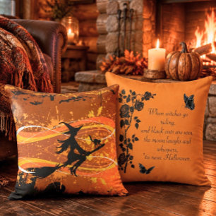 Coussin Halloween silhouette de sorcière volante artistiqu