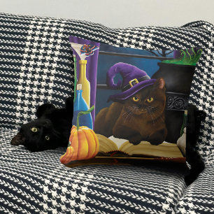 Coussin Halloween sorcière chat violet magie