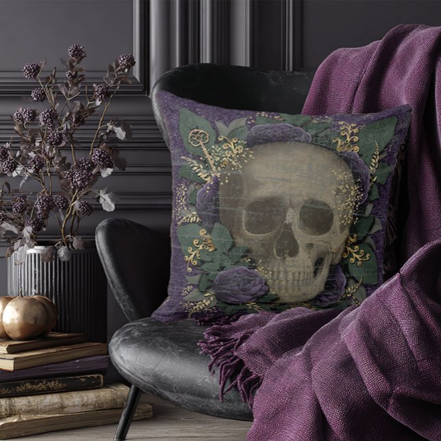 Coussin Halloween vintage (Purple Floral Skull Pillow)