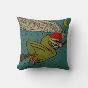 Coussin Halloween vintage, sorcière maléfique volant sur u