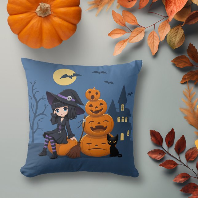 Coussin Halloween Witch, Chat noir et Citrouille (Créateur téléchargé)