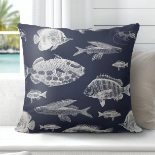 Coussin Hamptons de poisson bleu blanc