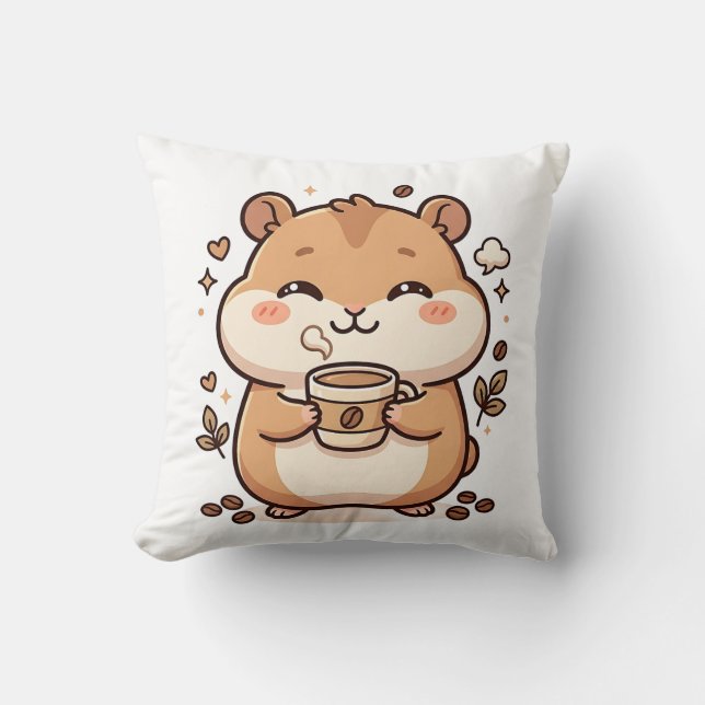 Coussin Hamster Mignon Buvant du Café (Recto)