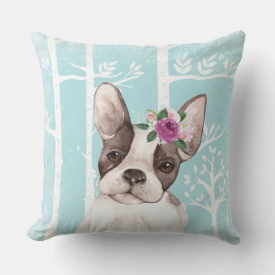 Coussin Happy Animal avec Fleurs en Carlin de Chien-Forêt