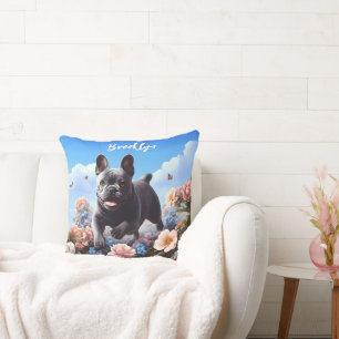 Coussin Happy Blue French Bulldog & Flowers